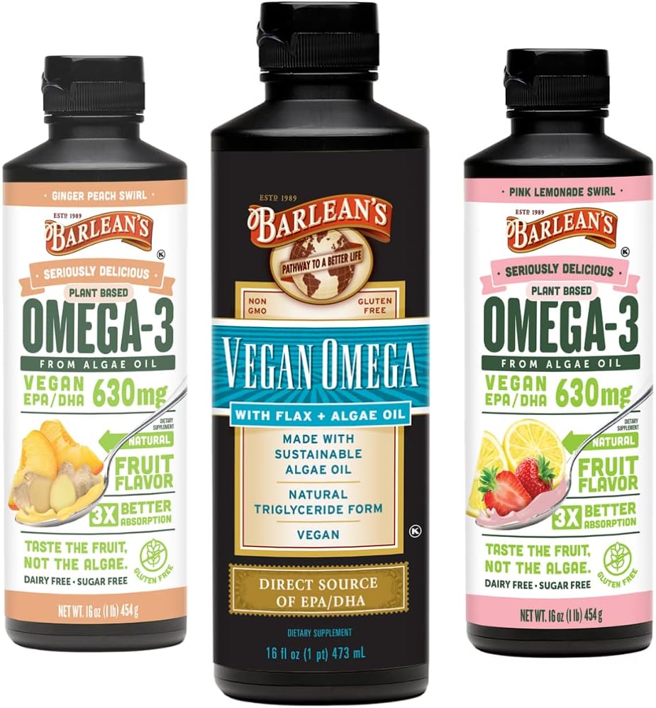 Barlean 's Vegan Omega 3 Algae olje flytende Supplement Bundle, Inkluderer Flaksfrø og Algae olje blanding, Ginger fersken, og rosa sitronade flavors, EPA og DHA fettsyrer