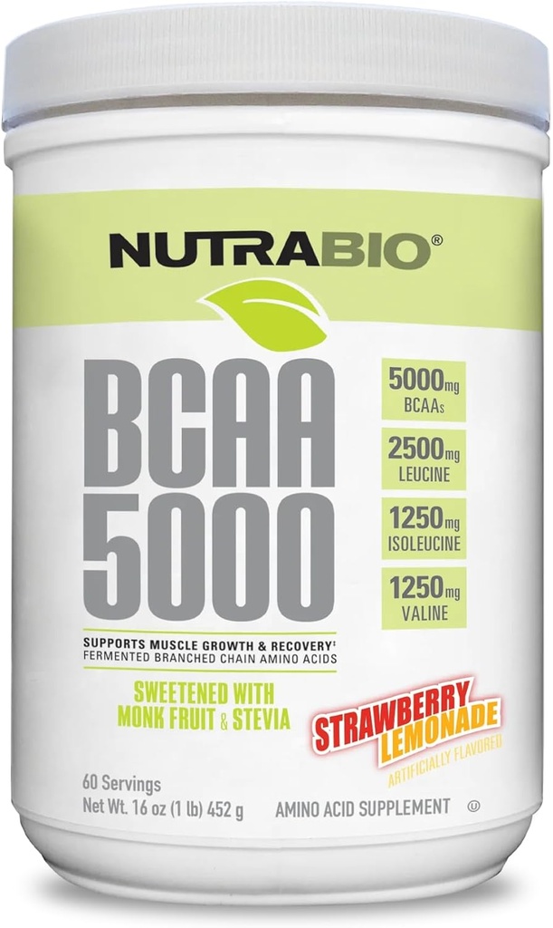 NutraBio BCAA 5000 pulver - Fermentert branchet kjede Aminosyrer for muskelvekst og gjenoppretting - Naturlige Flavors, søtstoffer, og fargestoffer, Vegansk, Glutenfri - Strawberry Lemonade, 60 Serveringer