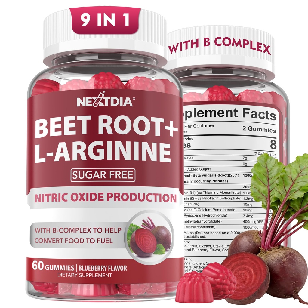 Beet Root Gummies & L-Arginin, Nitric Oxid kosttilskudd for menn og kvinner w/Organic Beets, B1, B2, B3, B5, B6, Folat, B12 for energiforsterkningsstøtte, sukkerfri, 120 Cts