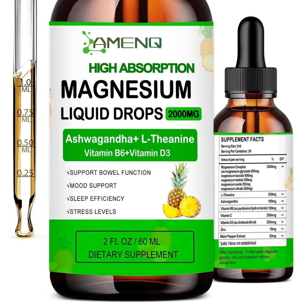 Liquid Magnesium Supplement, organisk 5-i-1 Magnesium Complex Drops 丨 Glykinat, Taurat, Oxid, Malate, Citrat w/L-Theanine, Ashwagandha for Cortisol, Søvn*, Stress, Muskel,