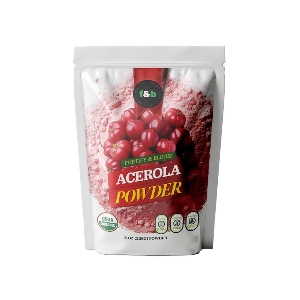 f&b superfoods ren organisk Acerola Cherry Powder Freeze tørket (8oz), organisk vitamin C pulver for immunsystem Booster, Smoothie, Cherry Juice, acerola vitamin c bulk pulver, Brasil opprinnelse.