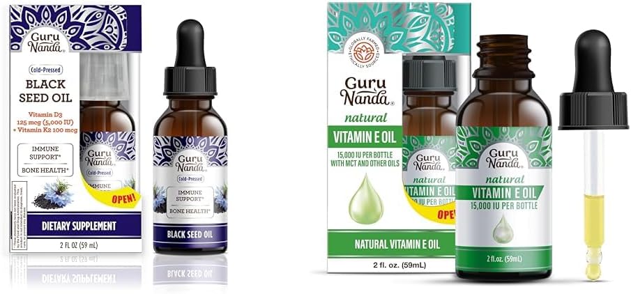 GuruNanda svart frøolje, kaldpresset Nigella Sativa - rik på vitamin D3 5000 enheter, K2 & E & vitamin E olje (2 fl Oz) - 100% ren og naturlig, 15 000 IU per flaske for hud, hår, ansikt