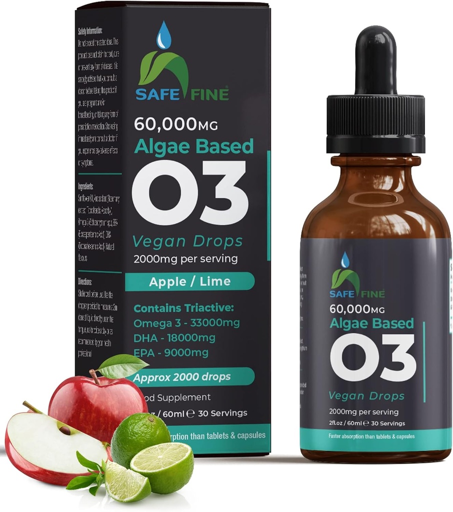 Omega 3 flytende vegan dropper - DHA & EPA fra algae olje - 60 ml dropper flaske - 2000 mg per servering - støtter total body wellness supplement for hele familien