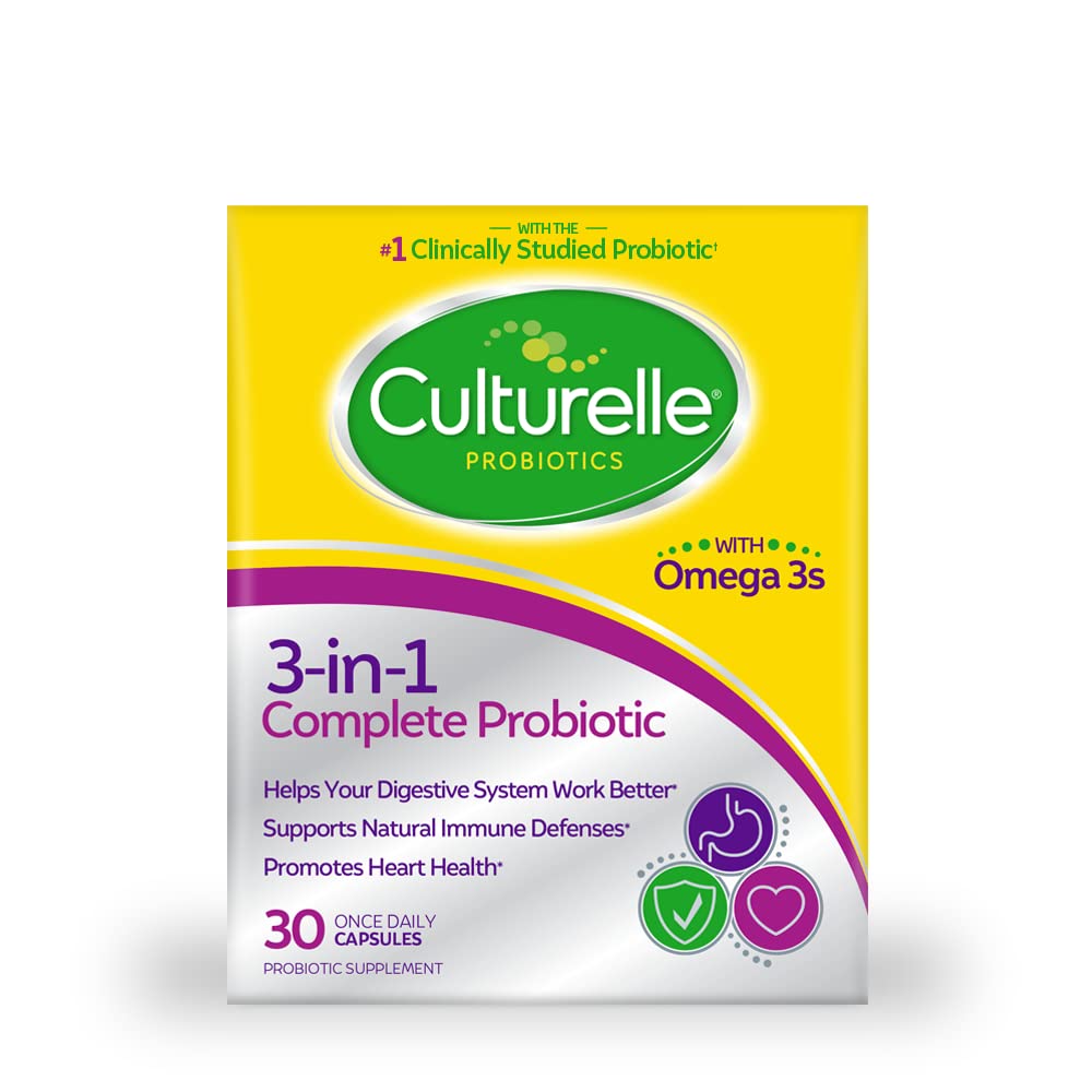 Culturelle 3-i-1 Complete Probiotic Daily Formula, En gang per dag Probiotic Supplement, hjelper din Digestive System fungerer bedre, støtter naturlige immunforsvar, Plus Omega 3s, ikke-GMO, 30 greve