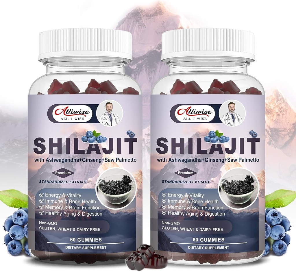 Shilajit Gummies for menn & kvinner, Shilajit ren Himalayan Original Multi-Supplement, Shilajit Ashwagandha & høy i Trace Minerals & Fulvic Acid for energi, styrke & immunitet, 60 Servering