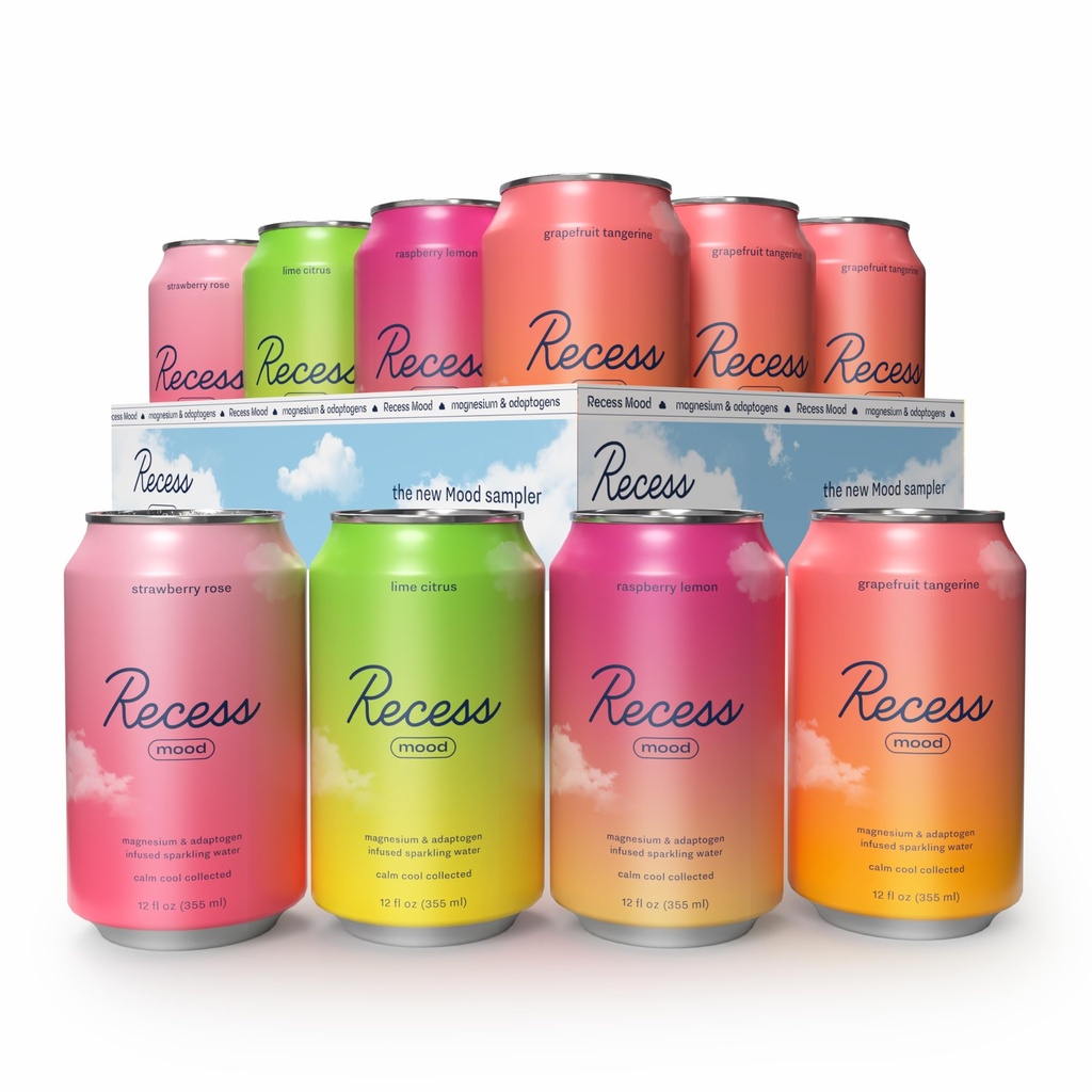 Recess Mood Magnesium & Adaptogen Drink, Relaxation Drink, 12 Ounce (Variety Pack, 12 Pack)
