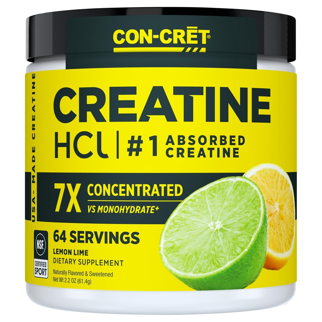 CON-CRET Creatine HCl pulver | Muskel, Kognitiv, Cellular Energy Support | Ingen Bloating eller Cramps | USA laget og NSF sertifisert | Lemon Lime (64 Servering)