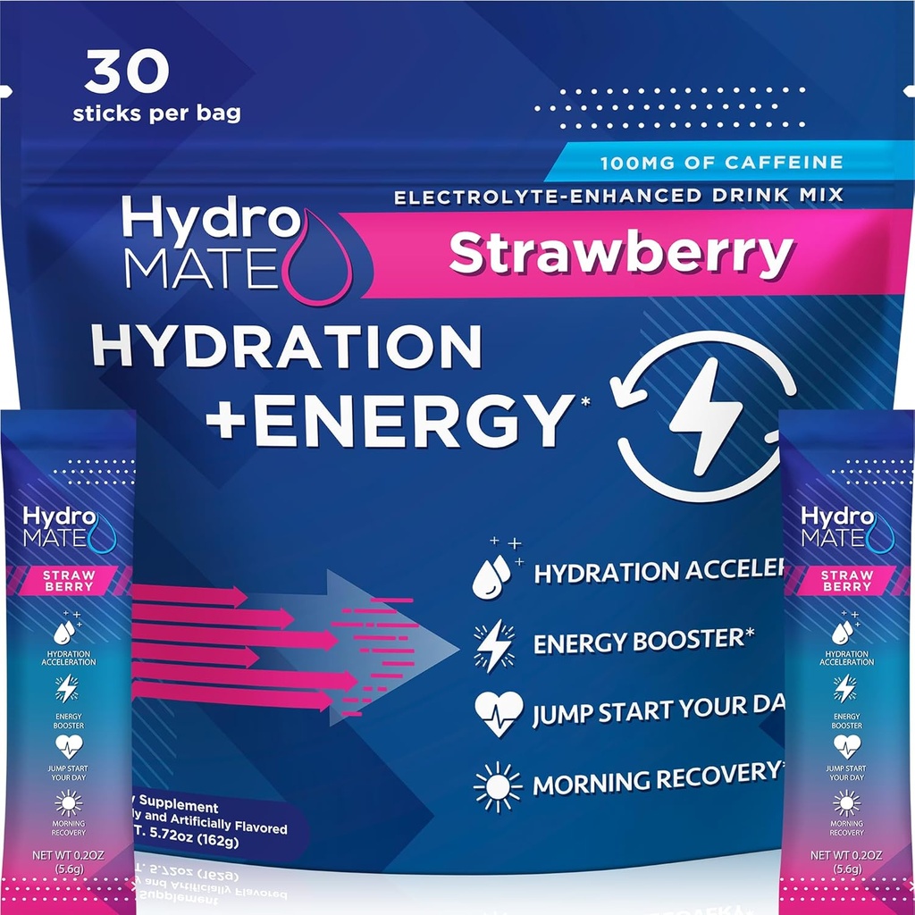 HydroMATE Electrolytes Powder Drink Mix Packets Hydration Accelerator Lav Sukker Hurtig Party Relief Recovery Vitamin C Plus Koffein Jordbær 30 Count
