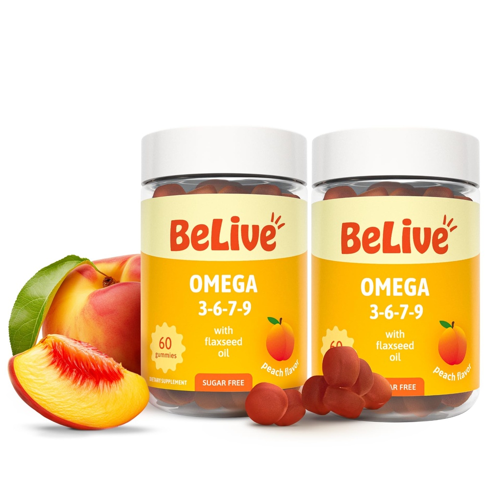 BeLive Organic Omega 3 Gummies - Omega 3 6 9 7 DHA & EPA fra Flaxfrø Olje & Sea Buckthorn Fruktolje, Vegan, for barn og voksne, Full kropp, Hjerne & Øye støtte, Sukkerfri – Peach