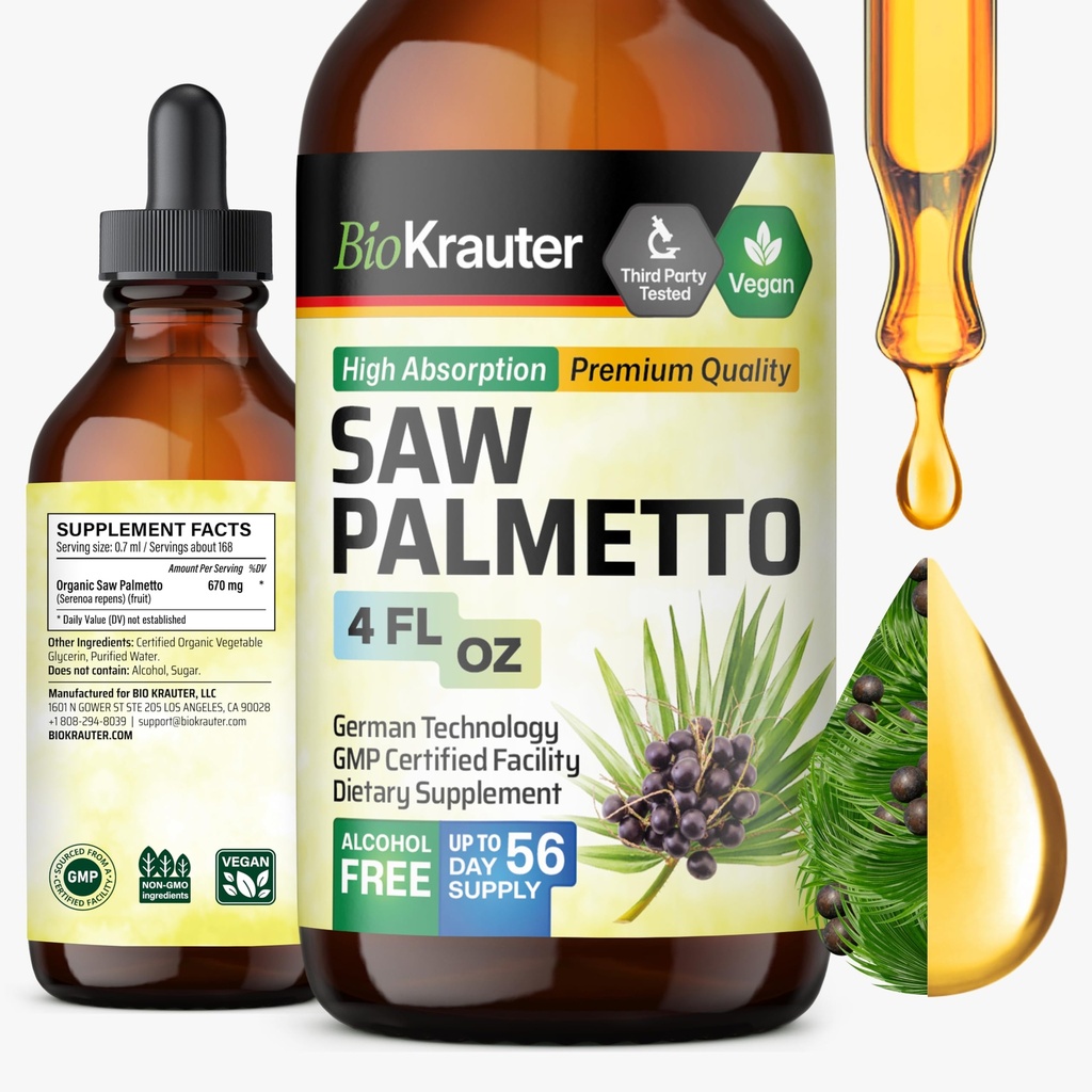 BIO KRAUTER Saw Palmetto ekstrakt - Vegansk så Palmetto for menn og kvinner - urinstøtte - alkohol og sukker gratis - 4 Fl.Oz.