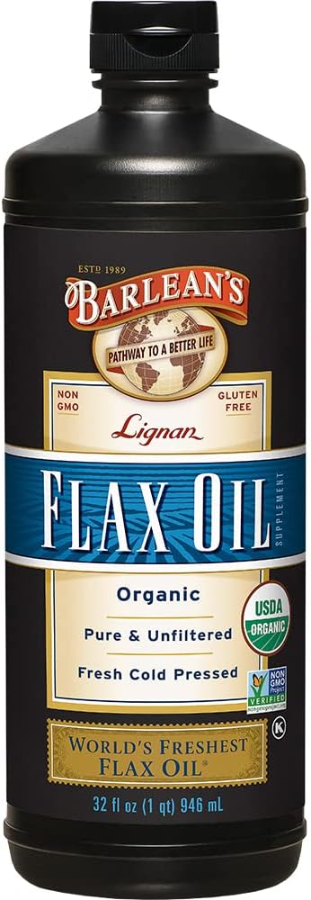 Barlean's Organic Lignan Omega 3 Flaksfrøoljevæske Supplement for menn og kvinner, Cold Press Flax Seeds, 7230mg ALA Fatty Acid, Vegan og Glutenfri, 32 oz