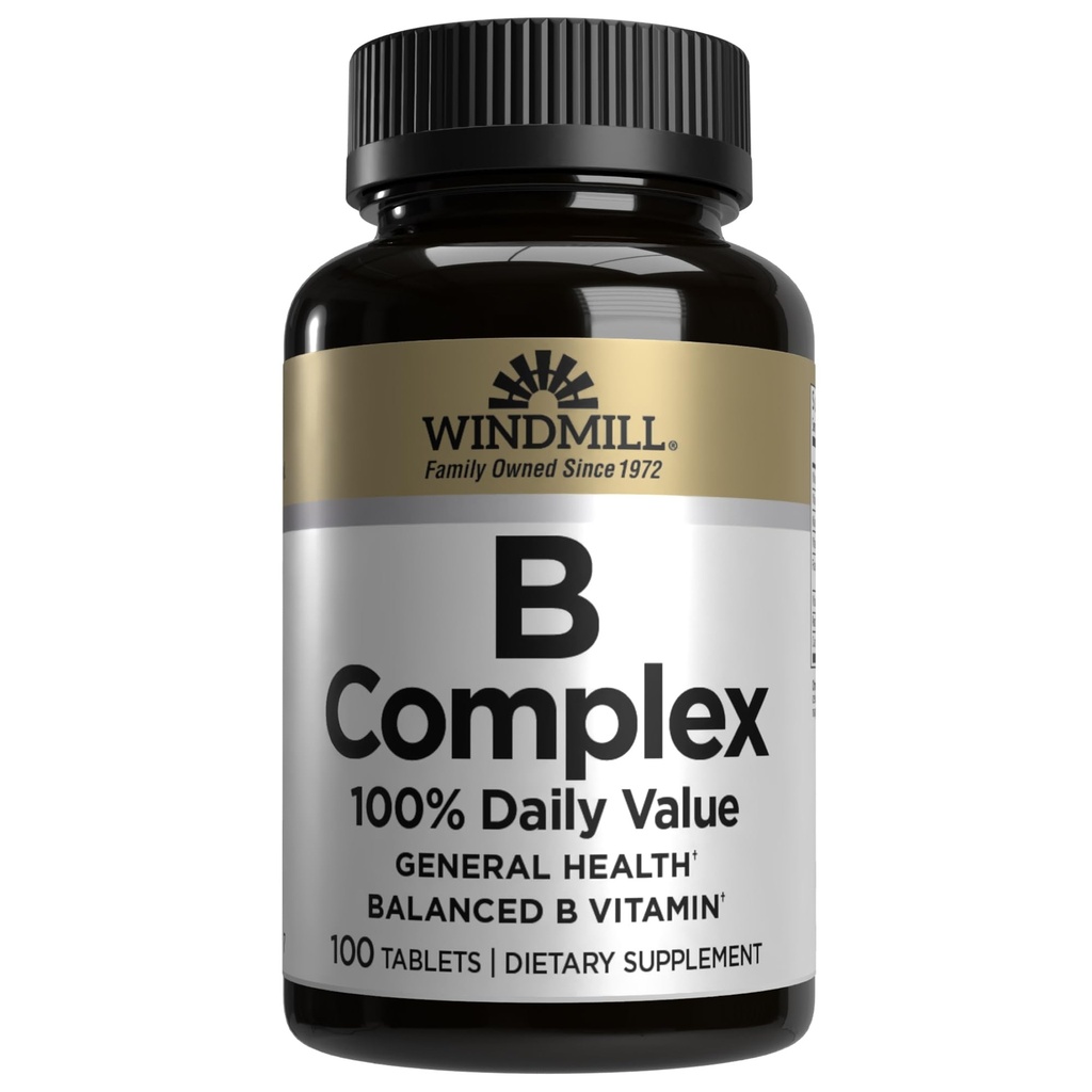 Vindmølle naturlige vitaminer B kompleks (100% daglig verdi), økt energiproduksjon og fremme metabolisme, 100 tabletter, 100 serveringer