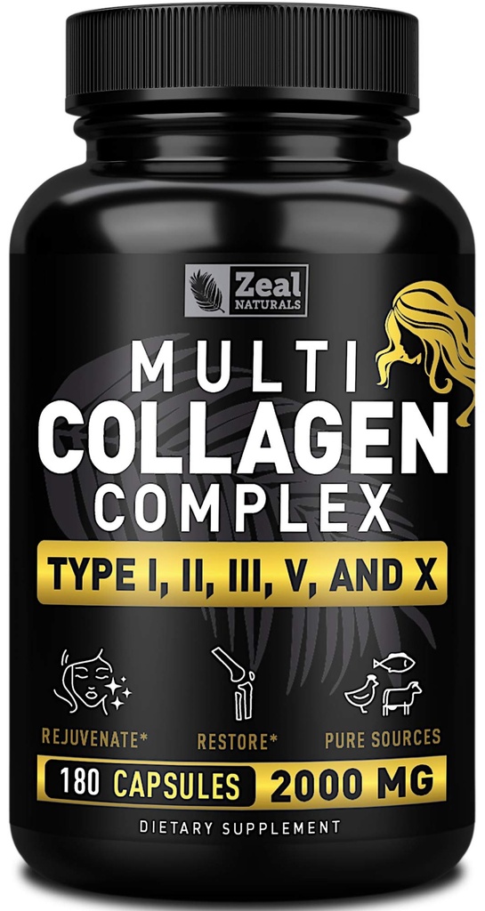 Multi collagen Peptides piller (typer I,II,III,V,X) Gras Fed collagen piller (180 kapsler) - Hydrolysate collagen protein blanding for hår, hud, negler og felles støtte - kollagen piller for kvinner