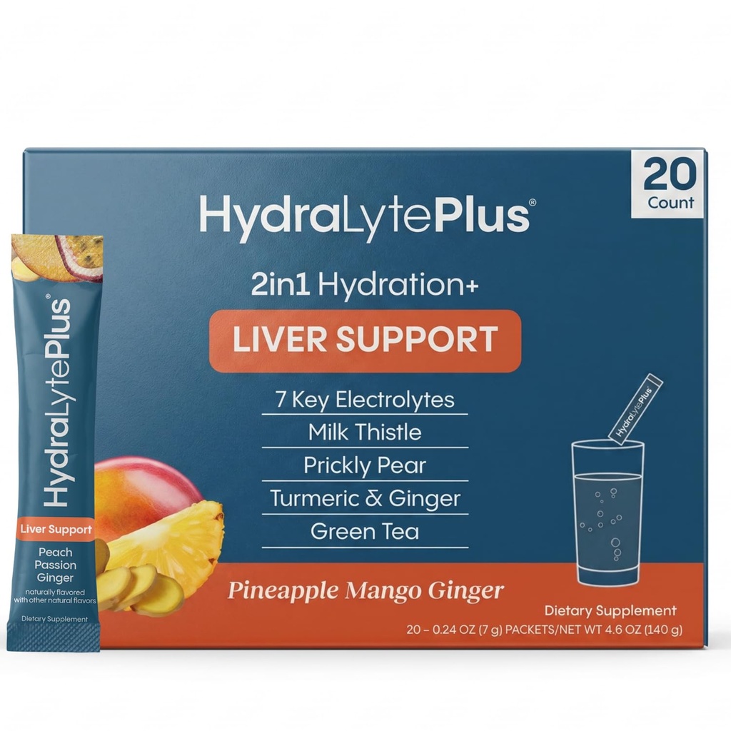 Hydralyte Liver Support + Electrolyte Blande med melk Thistle, Turmeric, Ginger, Prickly Pear, Grønn Te Ekstrakt Formulert for rask rehydrering (Pineapple Mango Ginger, 20 Packets)