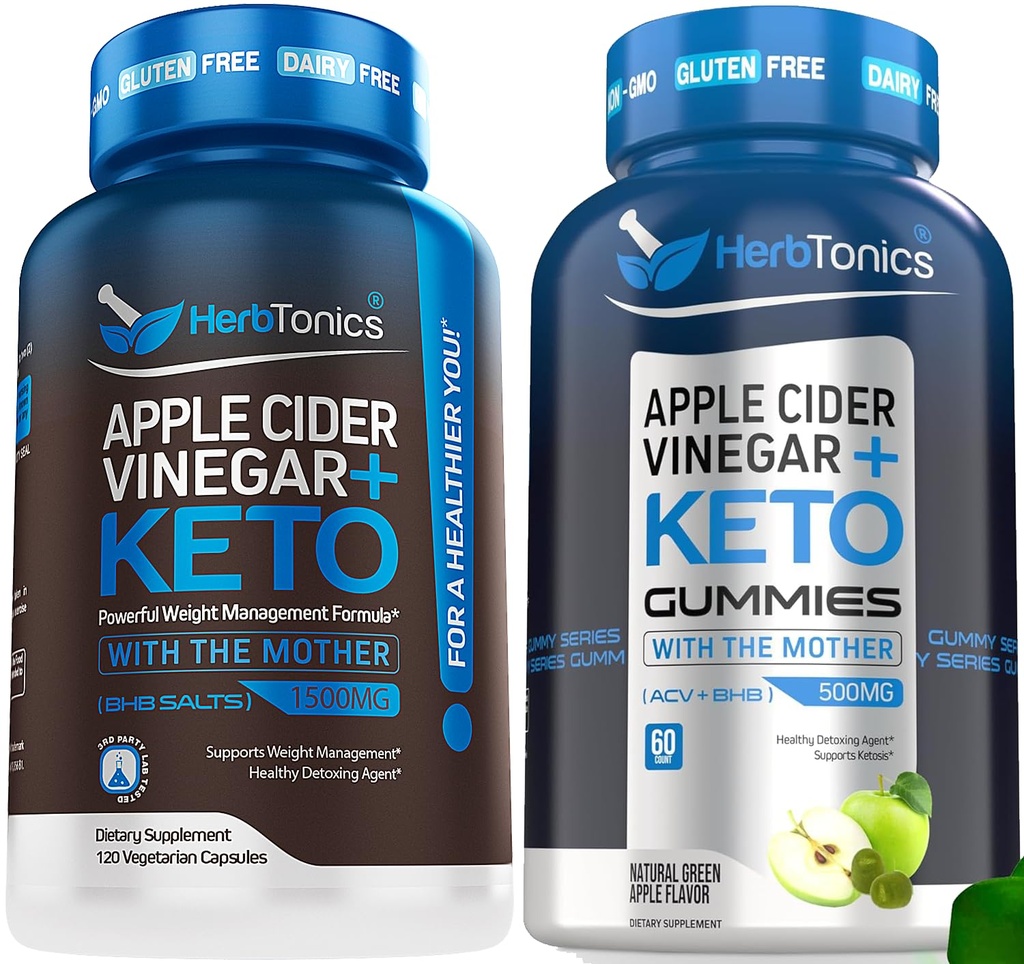 Herbtonics Apple Cider Vinegar Capsules med Keto BHB - støtter Digestion, Detox, og metabolisme for kvinner og menn, sukker-fri, Keto formel.