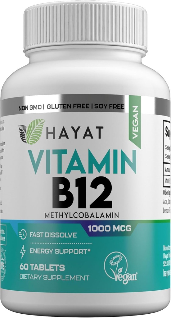 HAYAT vitaminer Vegansk naturlig vitamin B12 1000 MCG, kosttilskudd for energimetabolisme støtte, 2 måneders forsyning, Alt naturlig, sertifisert Halal, 60 tabletter, laget i USA