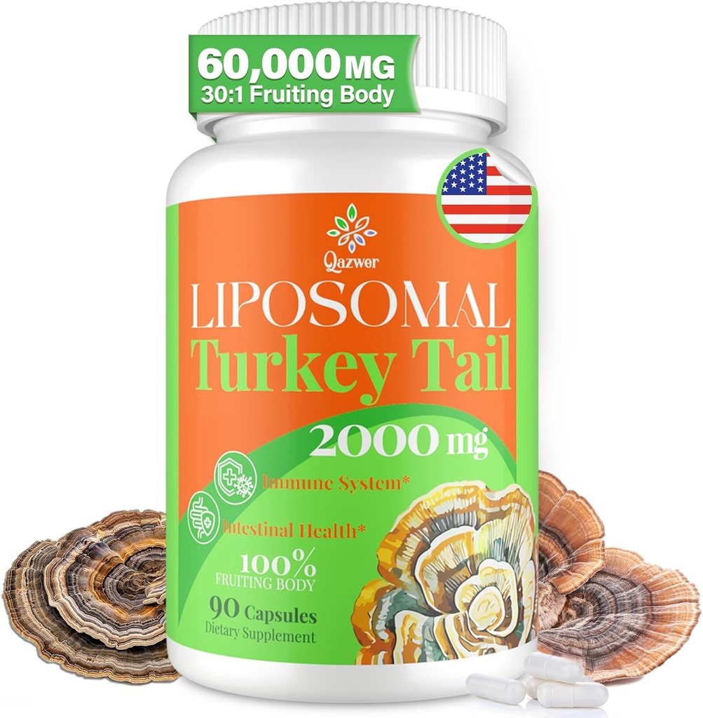 Liposomal Tyrkia Tail Mushroom Capsules, høy absorpsjon organisk Tyrkia Tail Mushroom Extract 2000MG® 30:1 Fruiting Body® Supplement for digestiv helse, energi og immun støtte, ikke-GMO -90 Kapsler