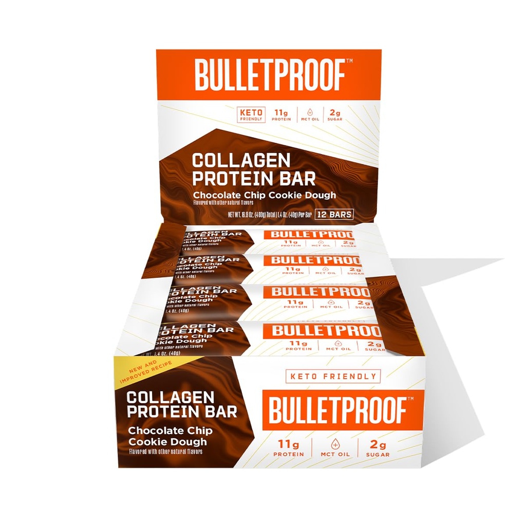 Kulesikker sjokolade Chip Cookie Douch Collage Protein Bars, Pakke med 12, Keto-vennlig Snack med MCT olje, Grass-fødd kollagen, Ingen tilsatt sukker