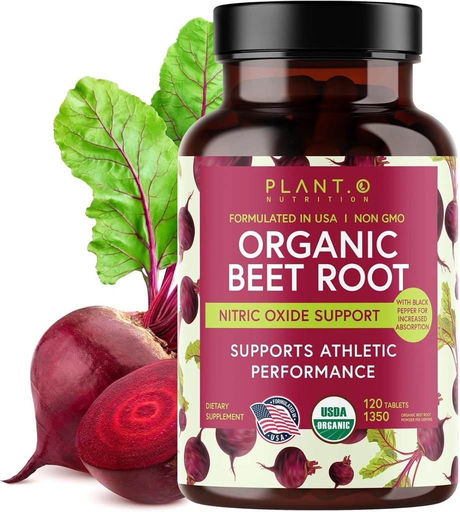 USDA Plant.O Premium Økologisk Beet Root Tabletter [1350mg Beets pulver] med svart pepper for ekstra absorpsjon - Nitric Oxid Supplement