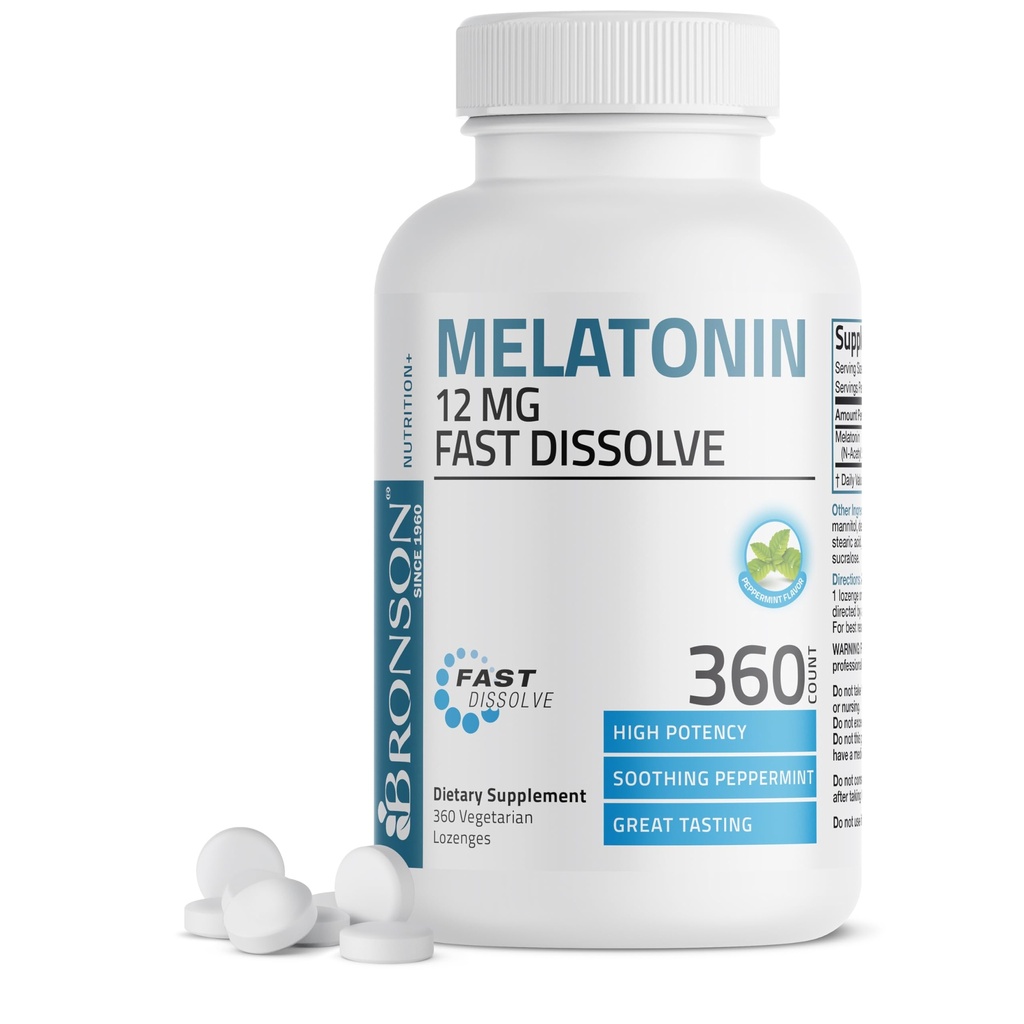 Bronson Melatonin 12mg rask oppløselig natt søvnhjelp støtte og avslapping støtte, 360 peppermynte vegetarisk Lozenges