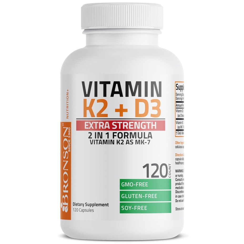 Bronson vitamin K2 (MK7) med D3 Extra Styrke Supplement Bone og hjerte Helse Ikke-GMO Formula 10.000 IU vitamin D3 & 120 mcg vitamin K2 MK-7 lett å svelge vitamin D & K, 120 kapsler