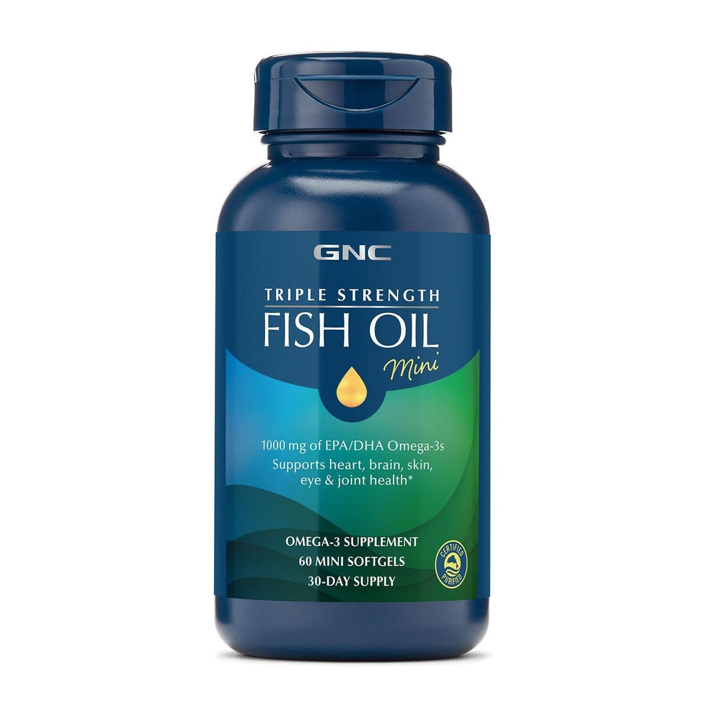 GNC Triple Strength Fish Oil Mini Omega 3 Supplement, 1000mg EPA og DHA, støtter hjerte, hjerne, hud, øye og felles helse, 60 Mini Softgels