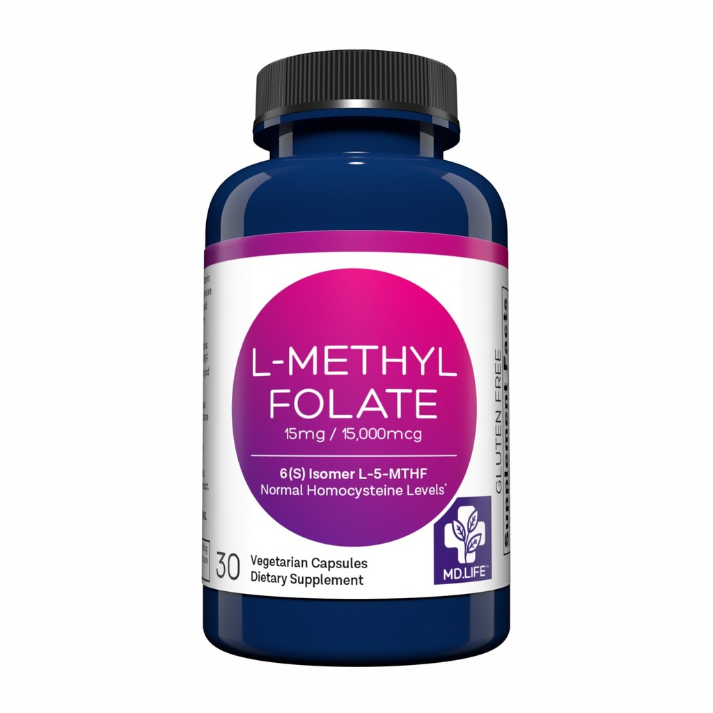 MD Life L-metylfolat 15 mg Supplement - Profesjonell-grad aktiv L-metylfolat Supplement - 30 kapsler - L-metylfolat 15 mg - Maksimal potens MTHFR W/Essential Aminosyrer