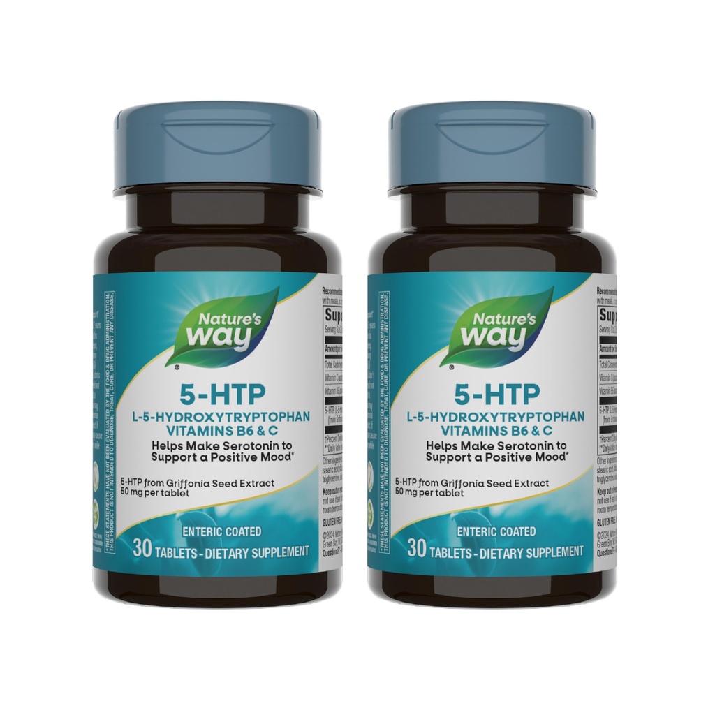 Naturens måte 5-HTP, L-5-hydroxytryptofan, bidrar til å lage serotonin for å fremme en positiv Outlook*, vitamin B6, vitamin C, Griffonia Bean ekstrakt, 30 tabletter (Packaging May Vary) - 2 pakke