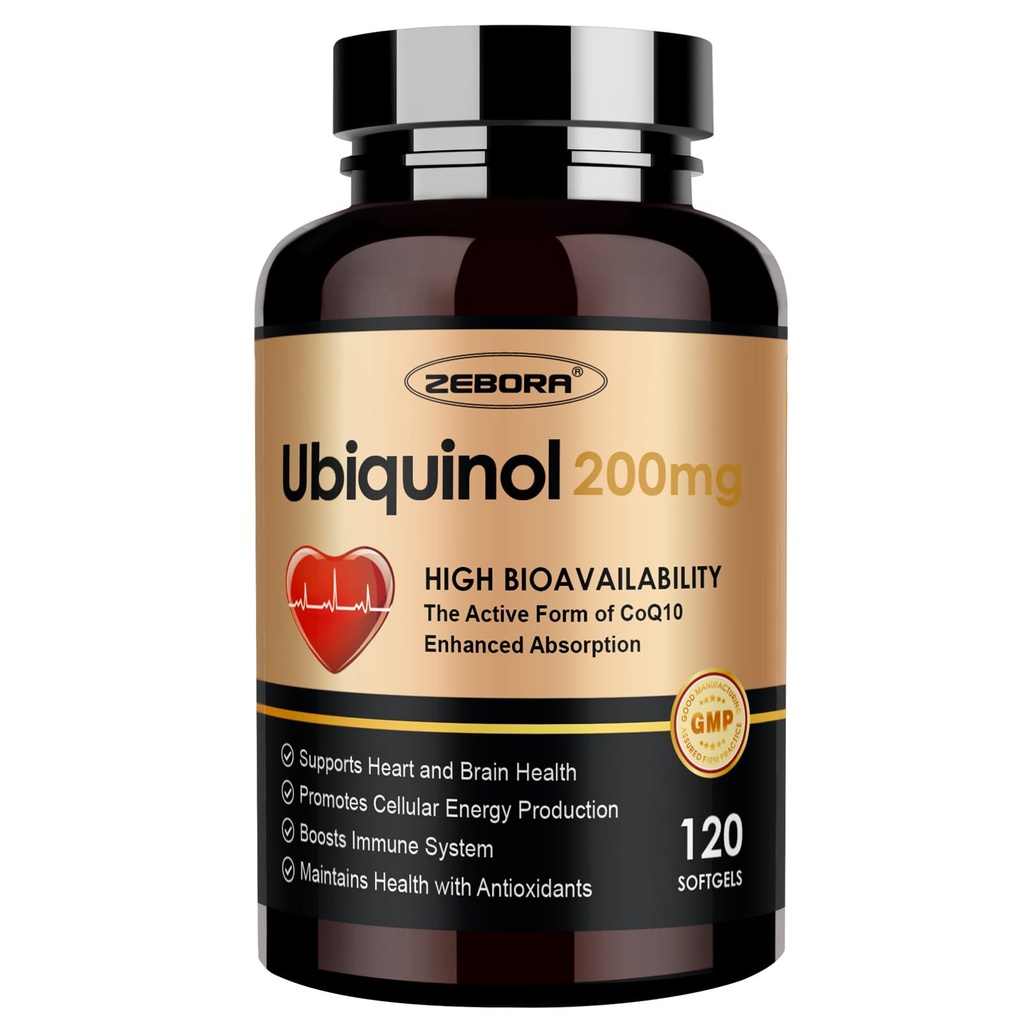 ZEBORA Ubiquinol CoQ10 200mg Softgels, 4-i-1 Kraftig Antioksidant for hjerte og vaskulær helse, essensiell for energiproduksjon, Max absorpsjon aktiv form av CoQ10, 120 Softgels