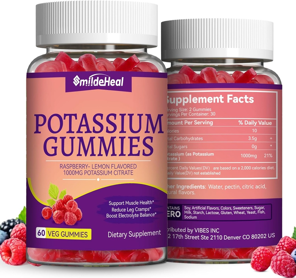 2 Pack Kalium Supplement Gummies 1000mg, Kalium Gummies for voksne, Støtte Ben Kramper & Muskel Helse - Vegan, Ikke-GMO,120 Telling
