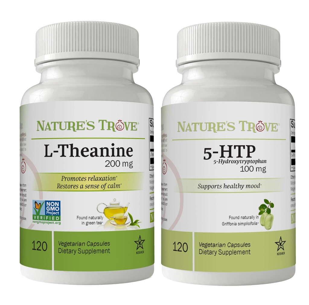 Naturens Trove L-Theanine 200mg 120 Vegetariske kapsler & 5-HTP 100mg 120 Vegetariske kapsler - rolig og sunn Mood Stack