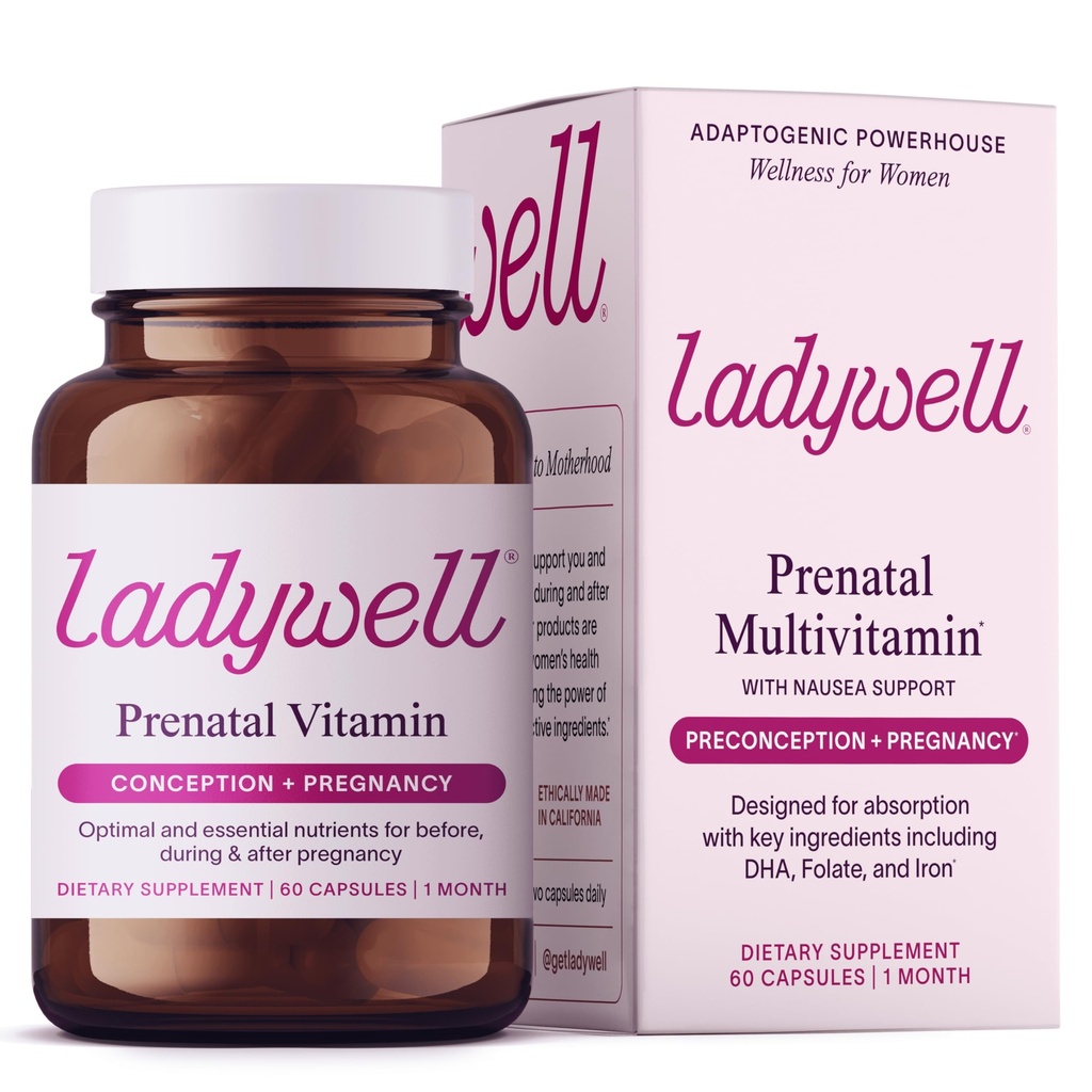 Ladywell Prenatal Multivitamin | konsept, graviditet og postpartum | Nøkkelingredienser inkludert DHA, Folat og jern | Ekspertformulert og testet | Designet for absorpsjon med trist støtte, 60 Ct