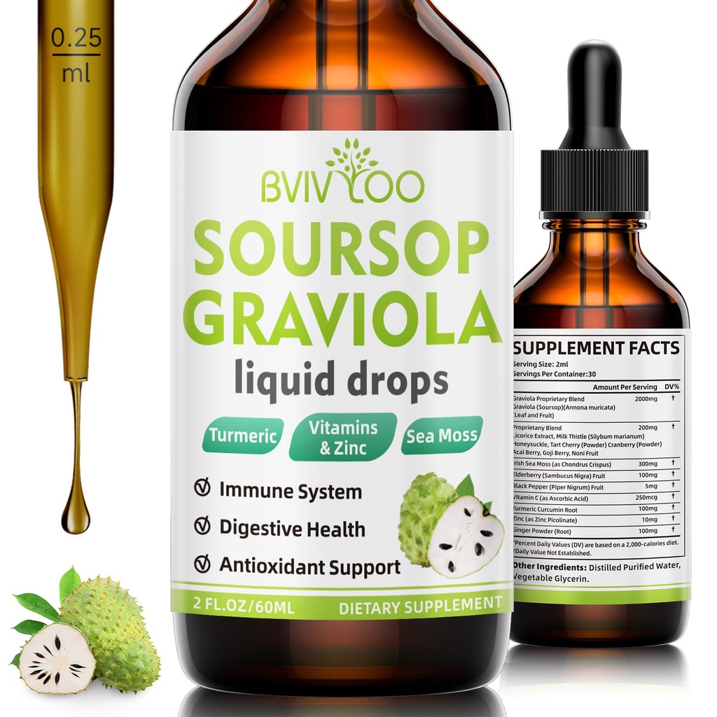 Soursop Graviola flytende dropper - 2000mg ren soursop ekstrakt Blandet med 300mg sjø Moss & 100mg Elderbær - Kraftig celle støtte, antioksidant-Rich, immun-boosting - 2 fl Oz (60ml) flaske