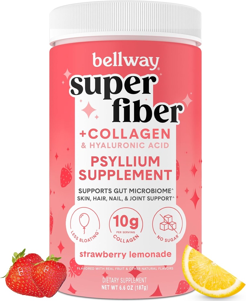 Bellway Super Fiber pulver + collagen, sukkerfri Psyllium Husk pulver med kollagen peptider og hyaluronsyre for gut helse, sunn hud, negler, bein og ledd, jordbær sitronade (11 serveringer)