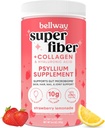 Bellway Super Fiber pulver + collagen, sukkerfri Psyllium Husk pulver med kollagen peptider og hyaluronsyre for gut helse, sunn hud, negler, bein og ledd, jordbær sitronade (11 serveringer)