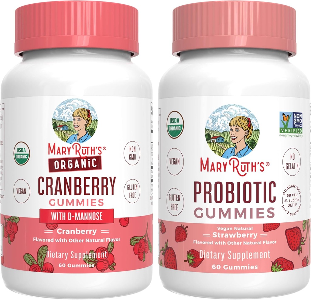 MaryRuth Organics Tranberry & Probiotic Gummies (Strawberry) | USDA Organic, Clean Label Project Verifisert® | Vitaminer for Urin Tract & Gut Health | Vegan, ikke-GMO, Ingen Gelatin
