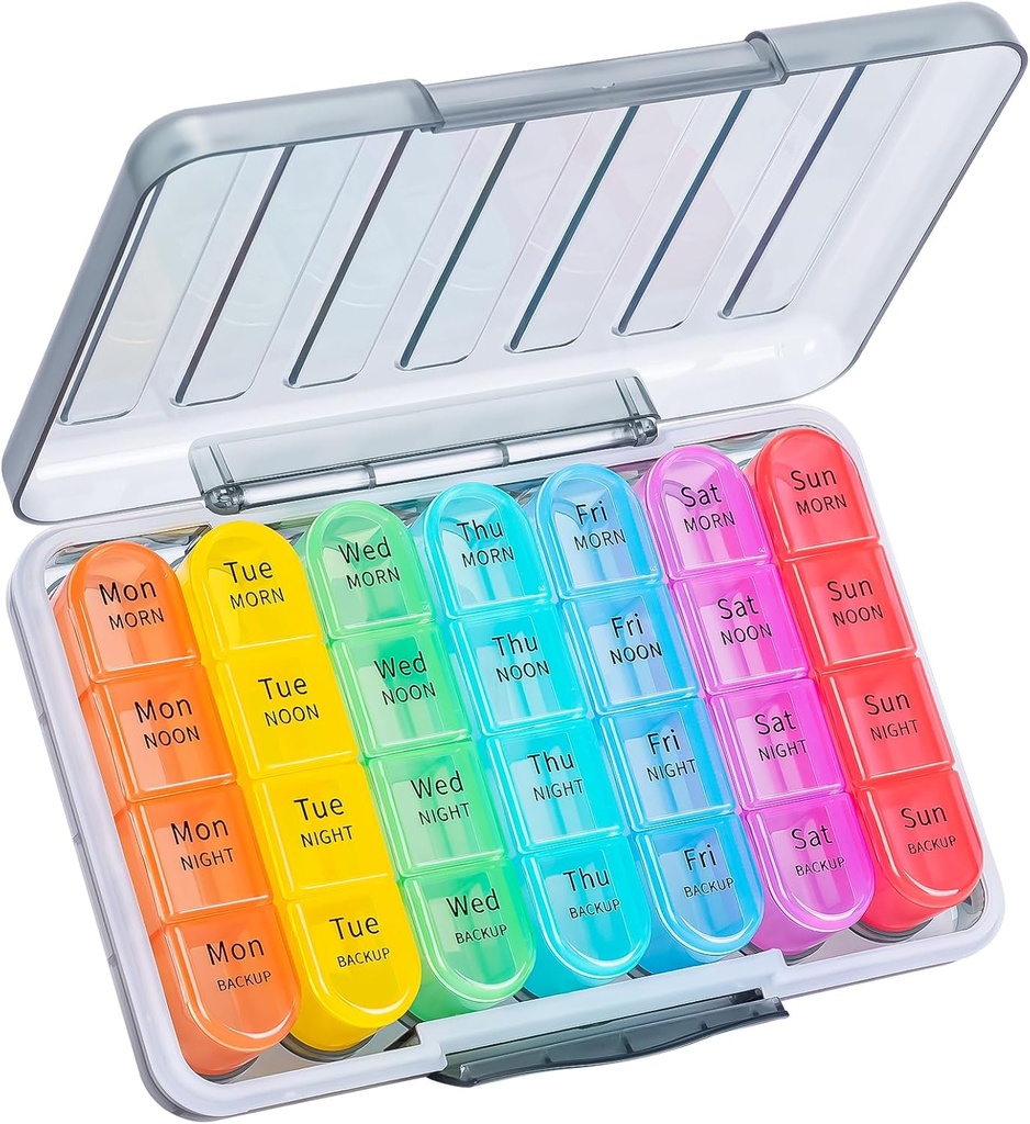 Daviky ukentlig Pill Organizer 4 ganger om dagen, Moisture-Proof Pill Box 7 dag, Daily Pill Case Medicine Organizer Box Easy å bære, reise piller Organizer med 28 sammenligninger for å holde vitaminer og medisiner