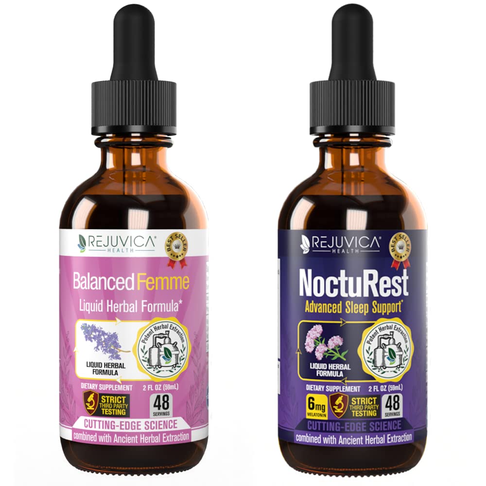 Rejuvica Helse Balanced Femme + NoctuRest - Støtte Kvinnebalanse + søvn - Flytende Levering for bedre absorpsjon - Dong Quai, Melatonin, Maca, Hops, Kamille, Theanine & Mer!