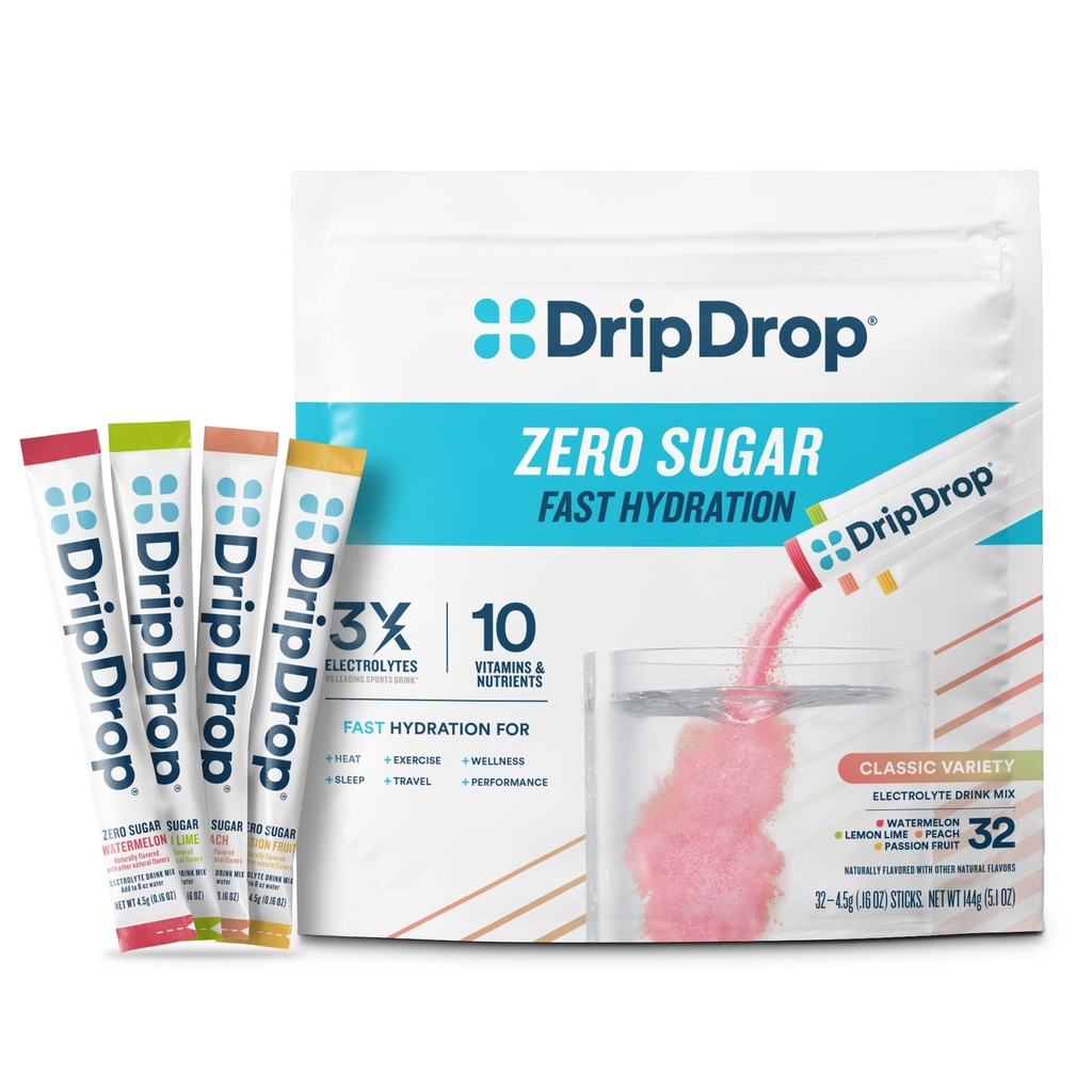 DripDrop Sugar Gratis Hydration Packets - Zero Classic Variety Pack - Single Serve Elektrolytter Powder Drink Mix - Lemon Lime, Vannmelon, Peach, Passion Frukt - Ikke-GMO, Glutenfri, Vegan - 32 Sticks