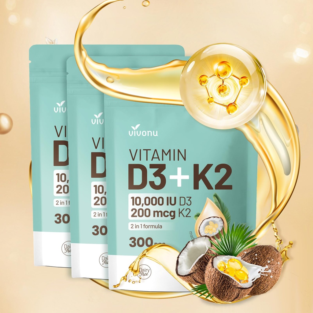 Vitamin D3 10000 iu Plus K2 (MK-7) 200 mg, 300 kokosolje Softgels® 2 i 1 VIT D & K Complex | støtter kalsiumabsorpsjon, bein, immun- og hjertehelse – lett å svelge (900 Softgels /3 pose)