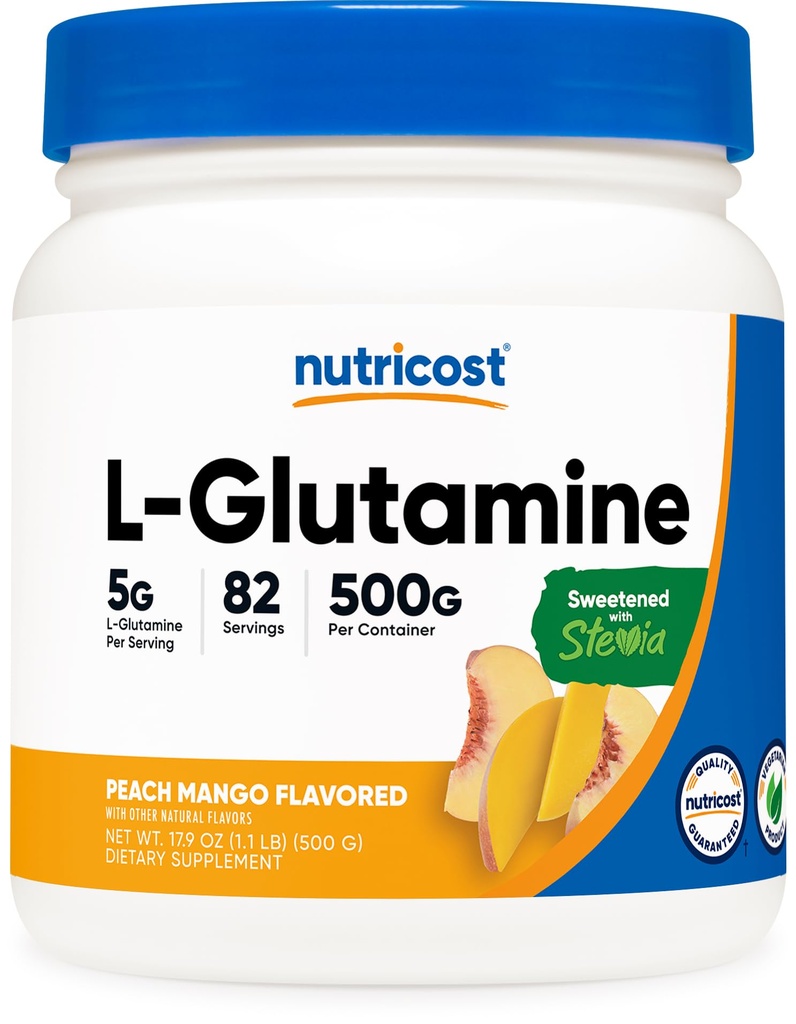Nutricost L-Glutamine pulver Søt med Stevia (500 gram, Peach Mango) - Supplement for Gut støtte, 5 gram L-Glutamin Per Serving - Glutenfri, ikke-GMO