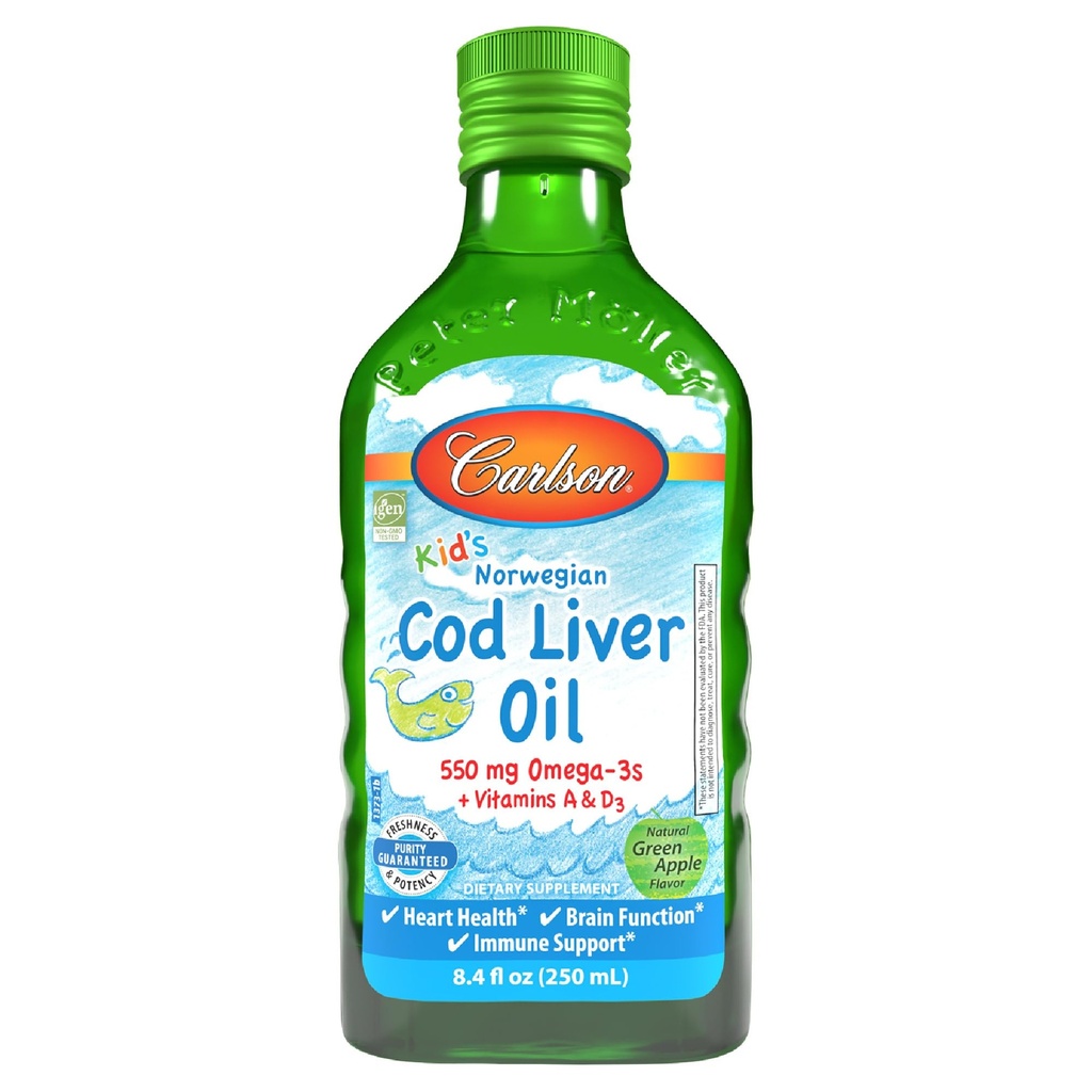 Carlson - Kid's Cod Liver Oil, 550 mg Omega-3s, Plus vitaminer A og D3, flytende fiskeolje, Wild Caught Norsk Arctic Cod, Sustainablely Sourced Nordic Fish Oil, Green Apple, 250 ml (8,4 Fl Oz)
