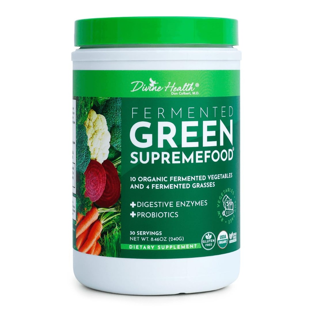 Guddommelig helse Fermentert Grønn Supremefood | 14 USDA Organic & Fermented grønnsaker og grøsser | Probiotika | Enzymes | Apple Cinnamon Flavor | 30 Serverer | 240g