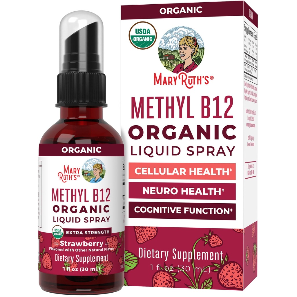 MaryRuth Organics Vitamin B12 flytende Spray | Vegansk, ikke-GMO, Glutenfri | USDA Økologisk Supplement | Energi og nervesystem Støtte | B12 Vitaminer for kvinner og menn | 720 mikrog | 1 fl Oz