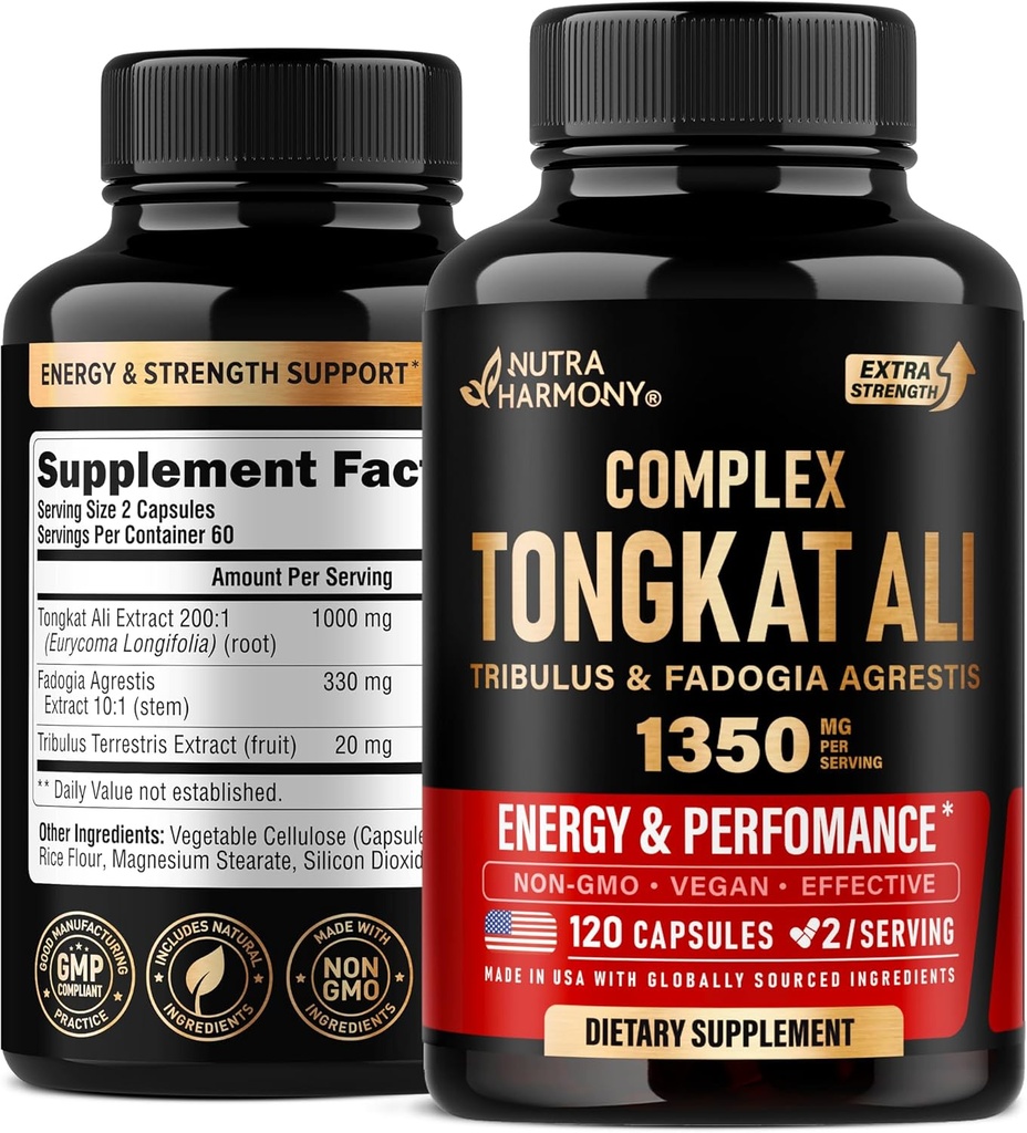Tongkat Ali Men 1350mg Complex - Fadogia Agrestis | Tribulus Terrestris - Energi, styrke og ytelse støtte - Ekstra styrke 200:1 Ekstrakt - 3. part testet, laget i USA - 120 kapsler / 2 måned