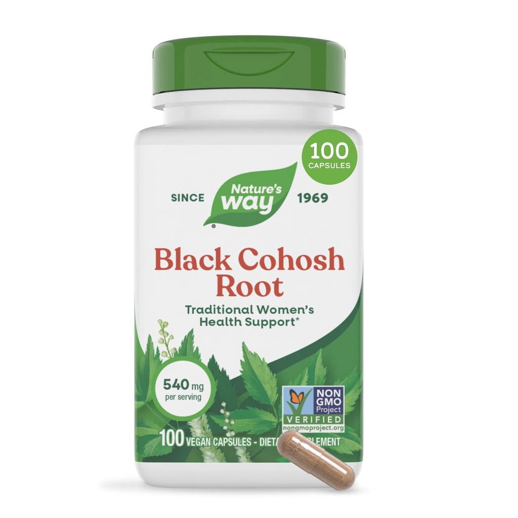 Naturens måte svart cohosh rot, tradisjonell støtte for kvinners helse*, 540 mg per servering, ikke-GMO prosjekt verifisert, 100 kapsler