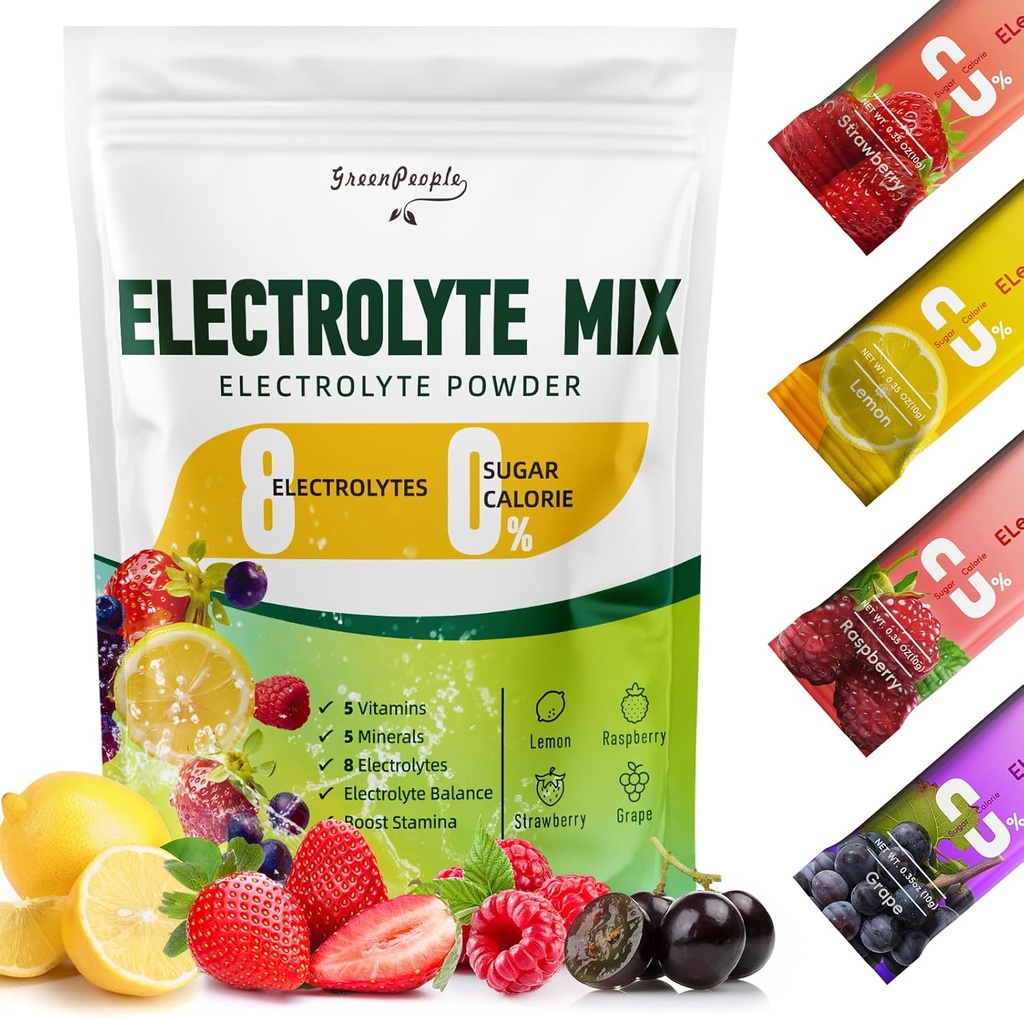 GREENPEOPLE Electrolytes pulver Ingen sukker - sukkerfri Hydration Elektrolyttpakker - Fruit Flavors Electrolyte Drink Mix - 8 Electrolytes 5 Vitaminer & Mineraler Vegan Ikke-GMO 16 Sticks