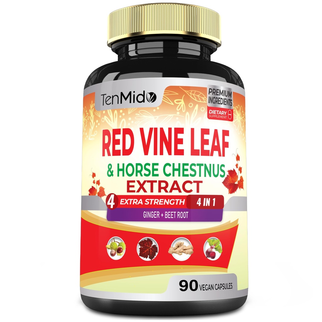 Red Vine Leaf Extract kapsler - med heste kastanje, beet Root, Ginger - Herbal Supplement for hjerte, benvei og energi - 90 vegansk kapsler i 45 dager