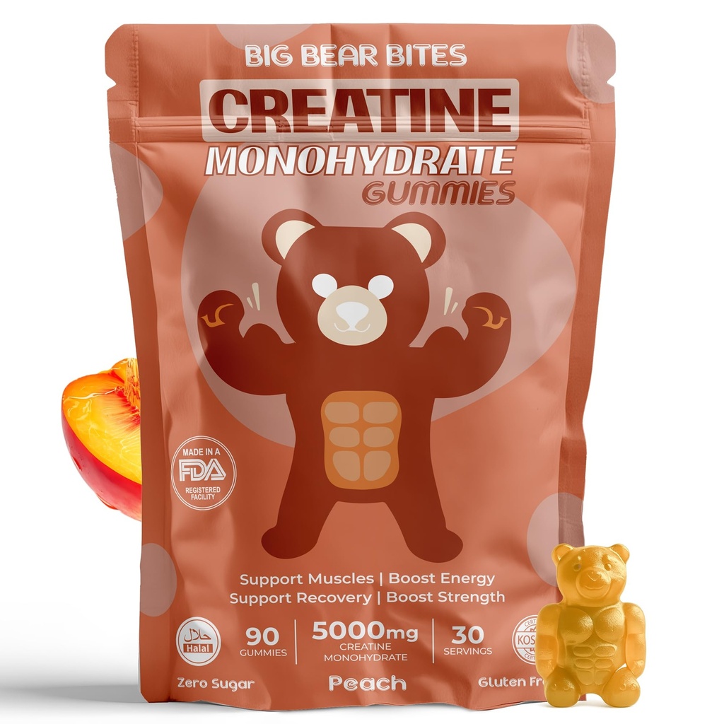 Kreatin Monohydrat Gummies for menn og kvinner | 5000 mg kreatin gummies per servering | Sukker, Glutenfri & Halal | Pakke med 90 for pre trening og muskel gjenoppretting | Peach Flavor