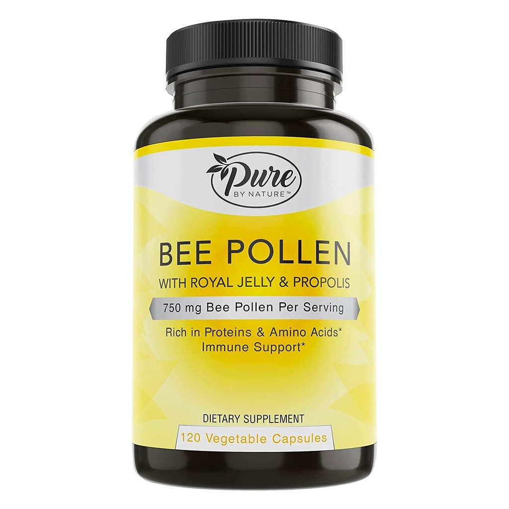 Pure By Nature Bee Pollen Supplement med Propolis & Royal Jelly for immunstøtte, antioksidant egenskaper, 120 ikke-GMO Vegetariske kapsler